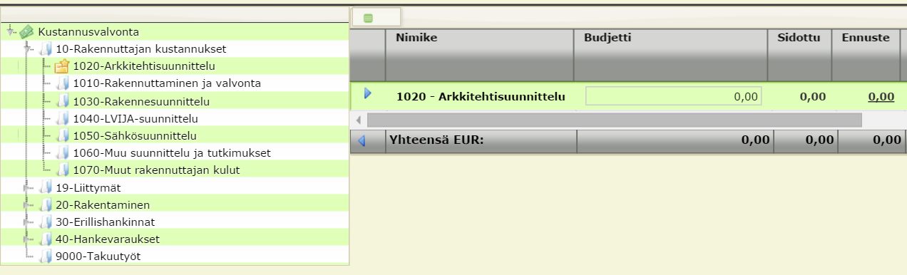 Scudo Pro Loppukustannusennusteen ylläpito (tapa ) Toinen tapa päivittää loppukustannusennuste, on valita puurakenteesta littera ja antaa suoraan sille suoraan uusi