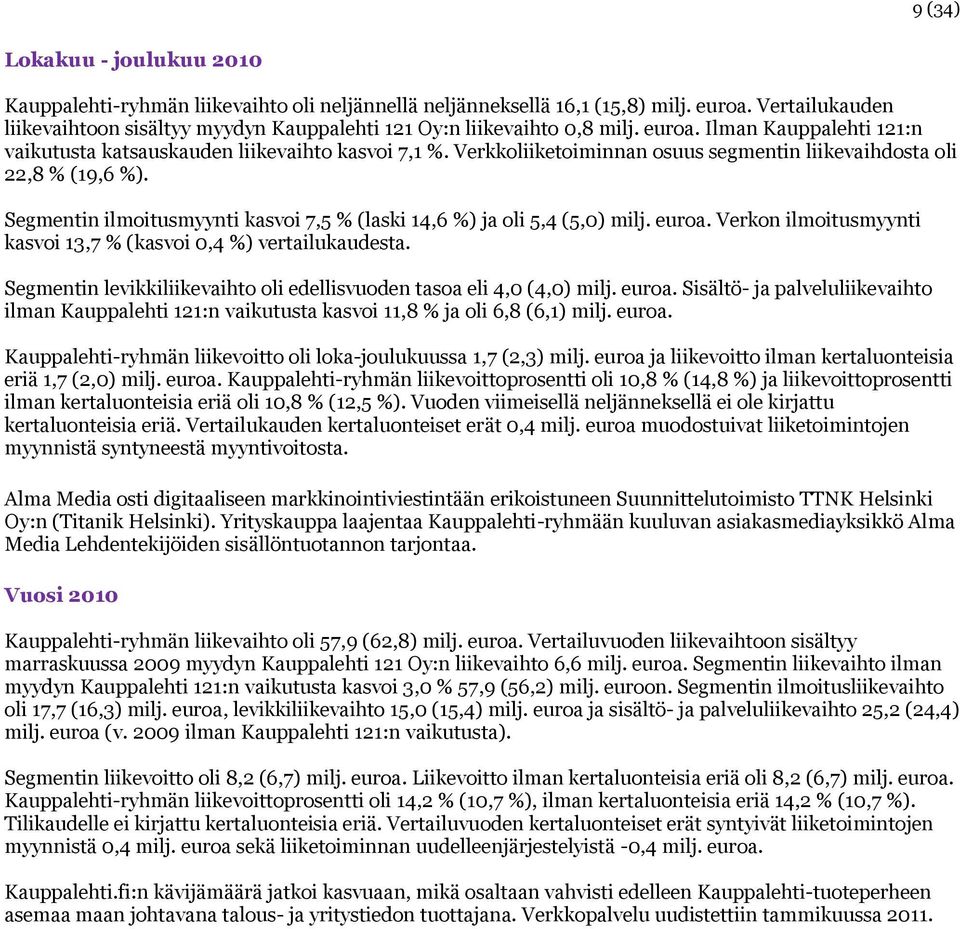 Verkkoliiketoiminnan osuus segmentin liikevaihdosta oli 22,8 % (19,6 %). Segmentin ilmoitusmyynti kasvoi 7,5 % (laski 14,6 %) ja oli 5,4 (5,0) milj. euroa.