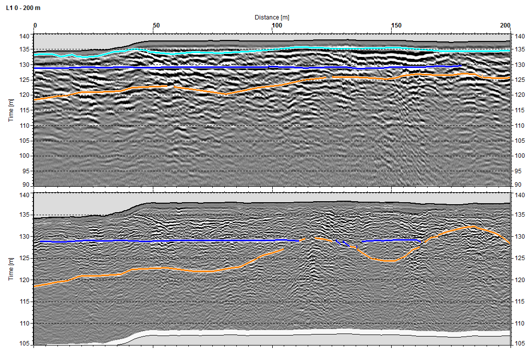 Etelä-Savon kiviaineshuollon turvaaminen 159 Kuva 7. Korvassuon luotauslinjan L4 maatutkaprofiilit linjaväliltä 590m 1200 m.