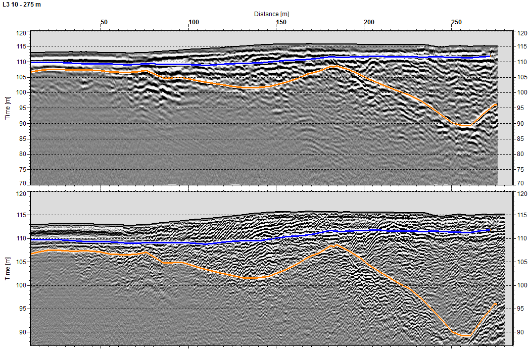 Etelä-Savon kiviaineshuollon turvaaminen 179 Kuva 5. Tulilammen muodostuman luotauslinjan L3 maatutkaprofiilit linjaväliltä 10m 285 m.