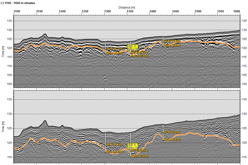 Etelä-Savon kiviaineshuollon turvaaminen 124 Kuva 8. Kuvassa on maatutkaprofiilit linjalta L3 väliltä 10m 350 m. Linja on likimain poikkilinja luonnontilaisen selänteen yli.