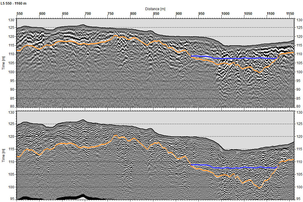 Etelä-Savon kiviaineshuollon turvaaminen 144 Kuva 5. Pienen Ruunalammen alueen luotauslinjan L5 maatutkaprofiilit linjaväliltä 550m 1160 m.