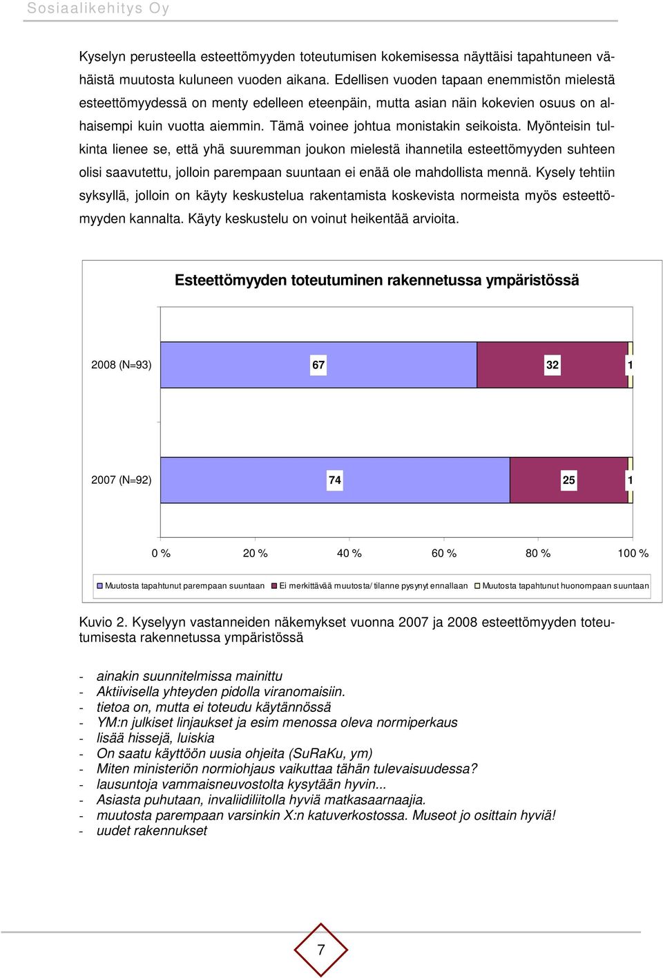 Myönteisin tulkinta lienee se, että yhä suuremman joukon mielestä ihannetila esteettömyyden suhteen olisi saavutettu, jolloin parempaan suuntaan ei enää ole mahdollista mennä.