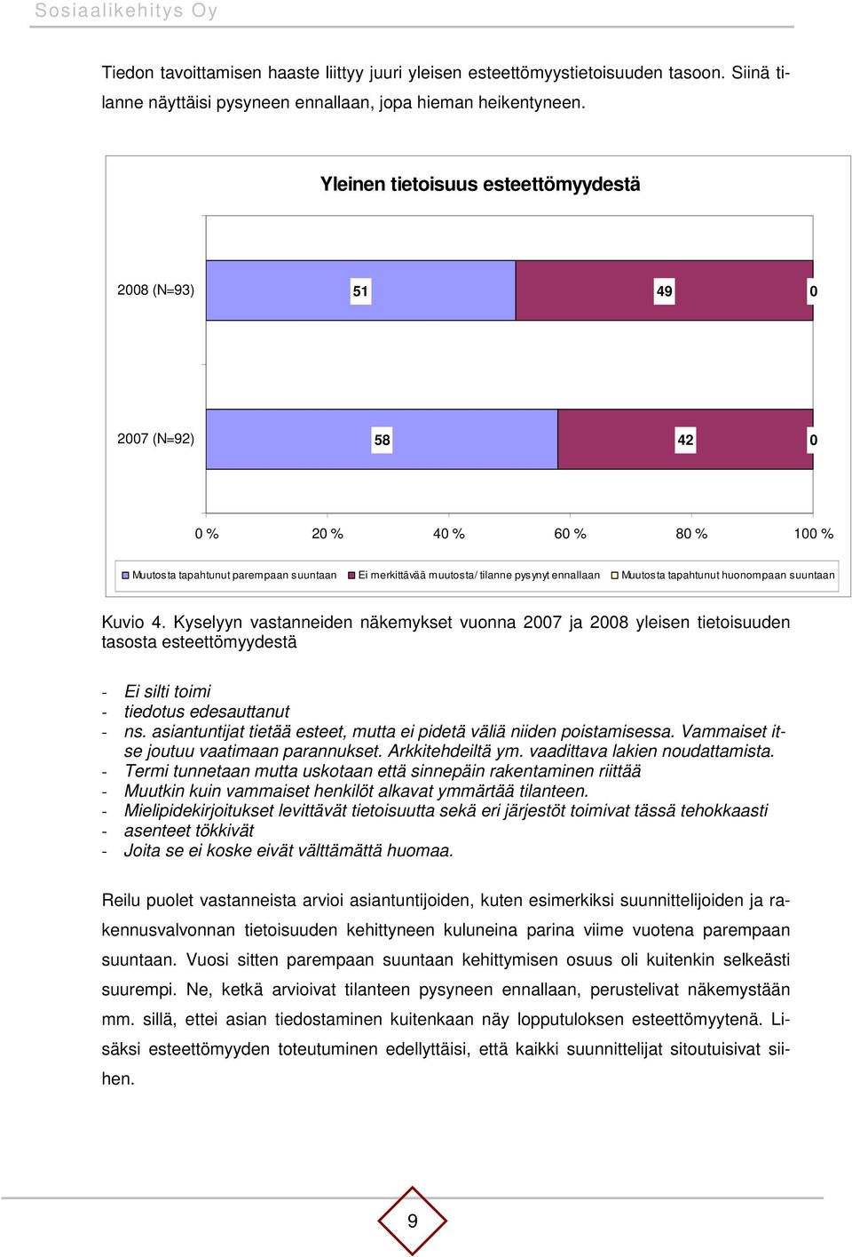 Muutosta tapahtunut huonompaan suuntaan Kuvio 4. Kyselyyn vastanneiden näkemykset vuonna 2007 ja 2008 yleisen tietoisuuden tasosta esteettömyydestä - Ei silti toimi - tiedotus edesauttanut - ns.