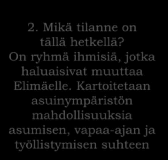 2. Mikä tilanne on tällä hetkellä? On ryhmä ihmisiä, jotka haluaisivat muuttaa Elimäelle.