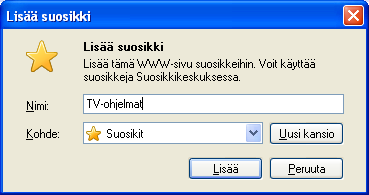 Internet Explorer 7 9 SUOSIKIT Voit lisätä usein käyttämiäsi sivuja Suosikit -kansioon seuraavasti: 1. Siirry sivulle, jonka haluat lisätä suosikkeihin (esim. kirjoittamalla osoite www.telkku.