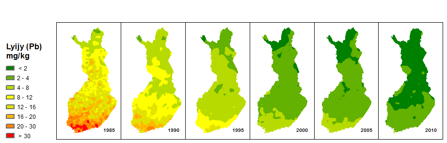 RASKASMETALLIT Pb-pitoisuus metsäsammalissa Suomessa 1985-2010