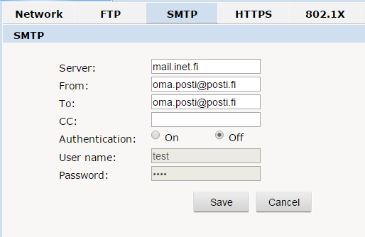 7 Yhteysasetukset 7.1 Sähköposti Sähköpostiasetussivu löytyy kohdasta Setting Network SMTP [Server]: Lähtevän sähköpostipalvelimen (SMTP)-osoite. Esimerkiksi Gmail sähköpostin osoite on smtp.gmail.