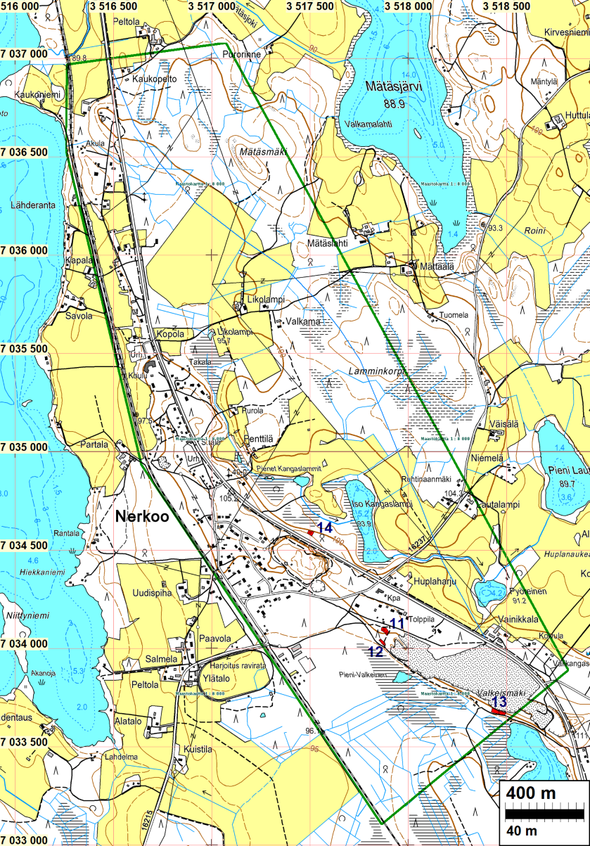 3 Yleiskartta Tutkimusalue rajattu vihreällä viivalla. Muinaisjäännökset 11-14 punaisella. Sininen viiva on vt 5:n kaavailtu oikaisulinjaus. Inventointi Inventointi suoritettiin kesäkuun alussa 2009.