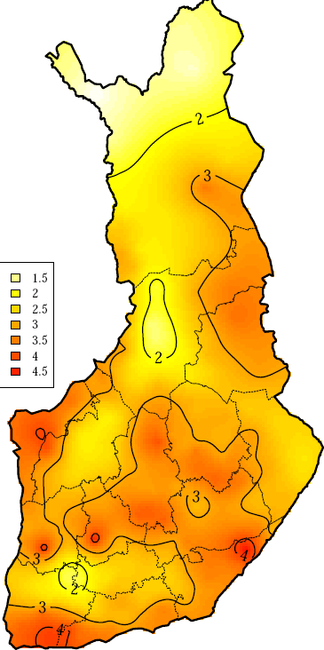 Kuva 26. Hirvikannan tiheys kpl/1000 ha vuoden 2011 metsästyksen jälkeen. (Pusenius, julkaisematon) Hirvikannan koon nopeat muutokset ovat vaikuttaneet myös sen rakenteeseen.