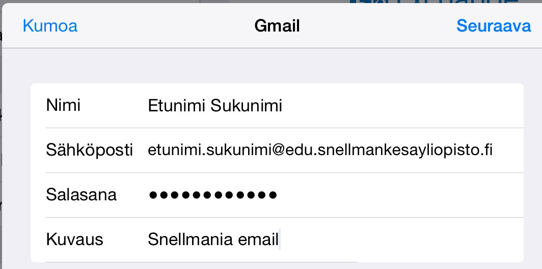 Sähköpostiasetukset kuntoon Sähköpostitilien lisääminen on helppoa ipad laitteille, jos käytössä on joku yleinen sähköpostin tarjoaja. Snellman-kesäyliopiston oppilassähköposti @edu.