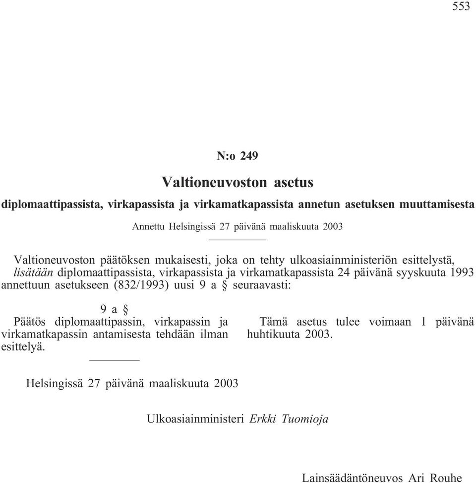 virkamatkapassista 24 päivänä syyskuuta 1993 annettuun asetukseen (832/1993) uusi 9 a seuraavasti: 9a Päätös diplomaattipassin, virkapassin ja virkamatkapassin