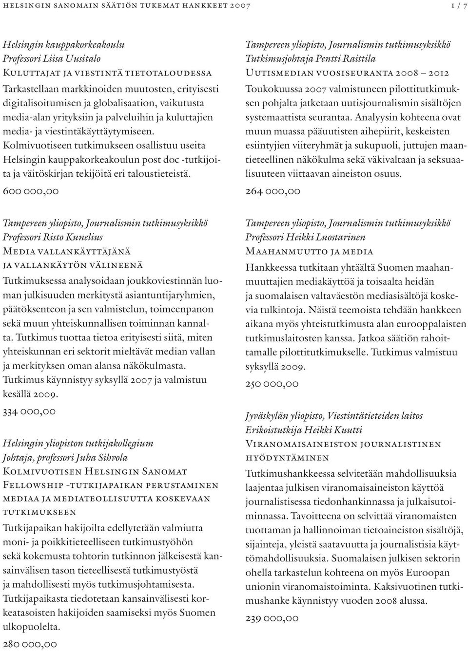 Kolmivuotiseen tutkimukseen osallistuu useita Helsingin kauppakorkeakoulun post doc -tutkijoita ja väitöskirjan tekijöitä eri taloustieteistä.