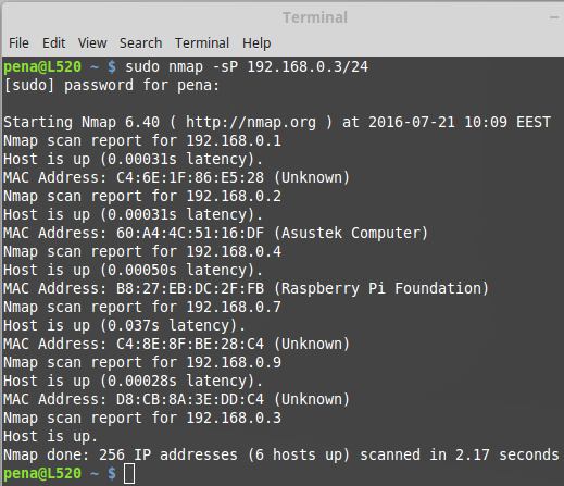 1.6. Ensin selvitetään oman koneen (oletus: GNU/Linux-Mint) IP-osoite: kirjoita Terminal-ohjelmassa komento: hostname I Sitten tehdään koko paikallisverkon scannaus nmap-ohjelmalla.