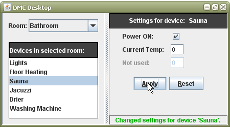 5 Kuva 3: Käyttäjä saa eteensä listan huoneessa olevista laitteista ja valitsee listalta laitteen "Sauna", jolloin saunan asetukset ilmestyvät ikkunan oikeanpuoleiseen osaan.
