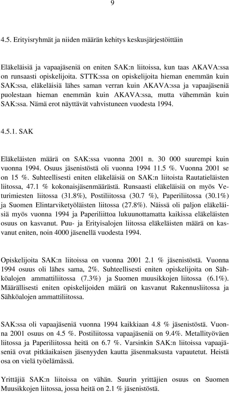 Nämä erot näyttävät vahvistuneen vuodesta 1994. 4.5.1. SAK Eläkeläisten määrä on SAK:ssa vuonna 2001 n. 30 000 suurempi kuin vuonna 1994. Osuus jäsenistöstä oli vuonna 1994 11.5 %.