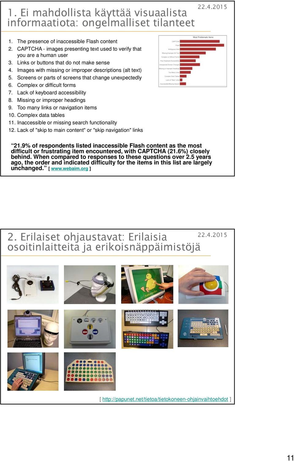 Screens or parts of screens that change unexpectedly 6. Complex or difficult forms 7. Lack of keyboard accessibility 8. Missing or improper headings 9. Too many links or navigation items 10.