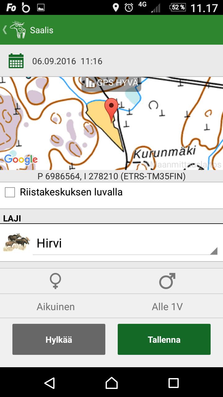 Havaintojen ja saaliin kirjaaminen metsästäjän gsm:llä KIRJAA SAALIS Napauta kalenteria ja laita oikea päivämäärä, jos