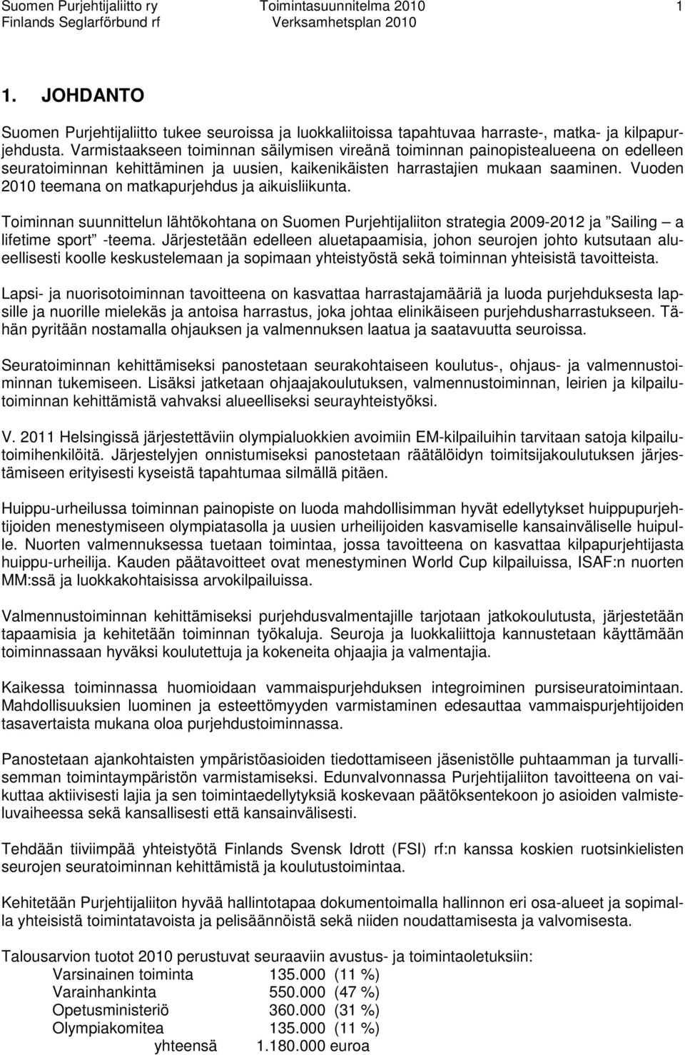 Vuoden 2010 teemana on matkapurjehdus ja aikuisliikunta. Toiminnan suunnittelun lähtökohtana on Suomen Purjehtijaliiton strategia 2009-2012 ja Sailing a lifetime sport -teema.