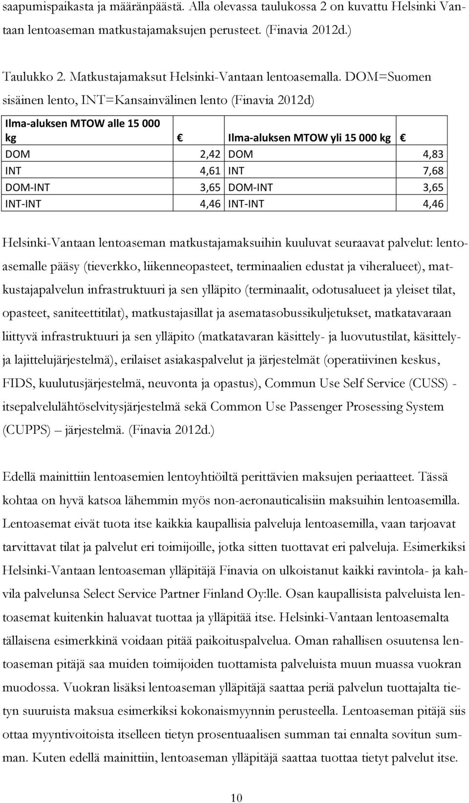 DOM=Suomen sisäinen lento, INT=Kansainvälinen lento (Finavia 2012d) Ilma-aluksen MTOW alle 15 000 kg Ilma-aluksen MTOW yli 15 000 kg DOM 2,42 DOM 4,83 INT 4,61 INT 7,68 DOM-INT 3,65 DOM-INT 3,65