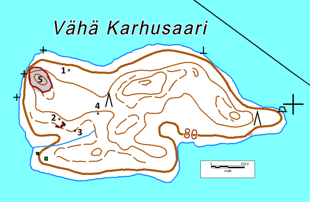 Sysmän Vähä Karhusaaren luontoselvitys Kartta 2. Vähä Karhusaaren luontokohteita: metsälehmuksen kasvupaikat 1 3, lehtoneidonvaipan kasvupaikka (4) ja karukkokallio (5).