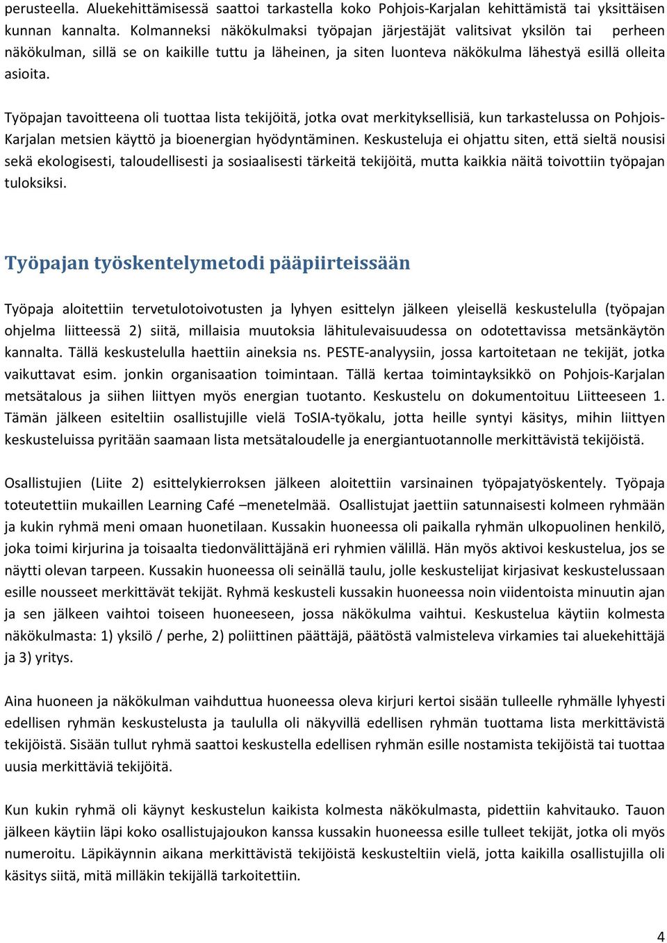 Työpajan tavoitteena oli tuottaa lista tekijöitä, jotka ovat merkityksellisiä, kun tarkastelussa on Pohjois- Karjalan metsien käyttö ja bioenergian hyödyntäminen.