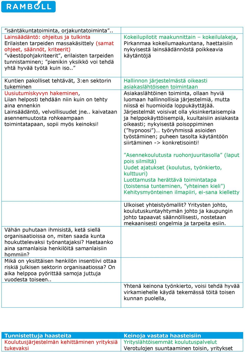 hyvää työtä kuin iso.. Kuntien pakolliset tehtävät, 3:en sektorin tukeminen Uusiutumiskyvyn hakeminen, Liian helposti tehdään niin kuin on tehty aina ennenkin Lainsäädäntö, velvollisuudet jne.