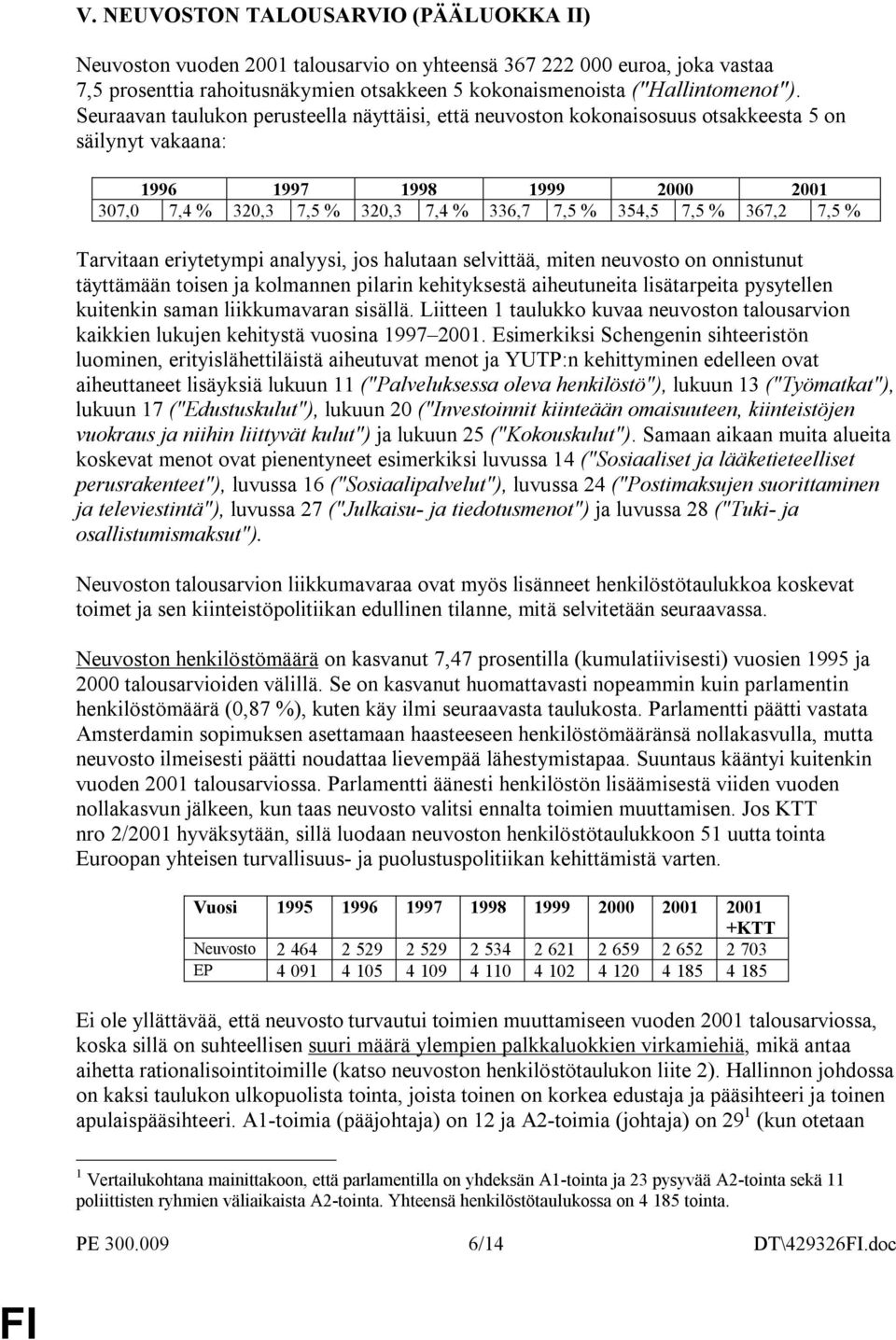 367,2 7,5 % Tarvitaan eriytetympi analyysi, jos halutaan selvittää, miten neuvosto on onnistunut täyttämään toisen ja kolmannen pilarin kehityksestä aiheutuneita lisätarpeita pysytellen kuitenkin