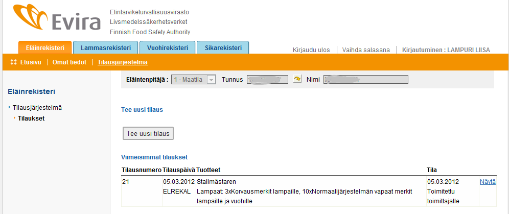 5 (16) Valitsemalla linkin Näytä pystyy aukaisemaan tilaustapahtuman. 4 NORMAALIJÄRJESTELMÄN VAPAIDEN MERKKIEN TILAUS Paina painiketta Tee uusi tilaus.