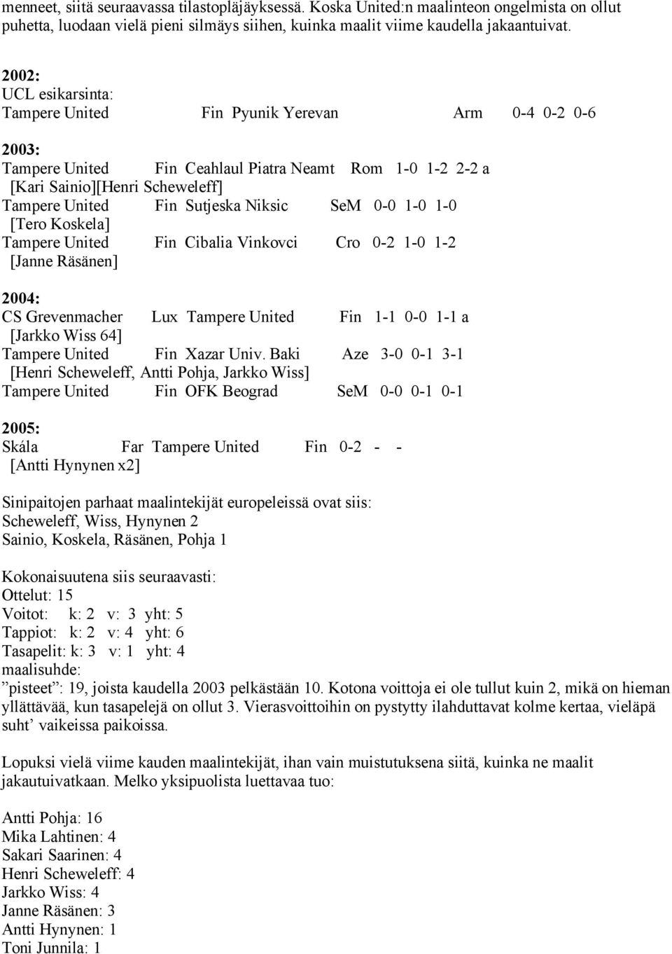 Niksic SeM 0-0 1-0 1-0 [Tero Koskela] Tampere United Fin Cibalia Vinkovci Cro 0-2 1-0 1-2 [Janne Räsänen] 2004: CS Grevenmacher Lux Tampere United Fin 1-1 0-0 1-1 a [Jarkko Wiss 64] Tampere United