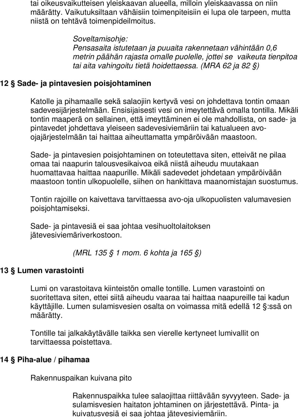 (MRA 62 ja 82 ) 12 Sade- ja pintavesien poisjohtaminen Katolle ja pihamaalle sekä salaojiin kertyvä vesi on johdettava tontin omaan sadevesijärjestelmään.