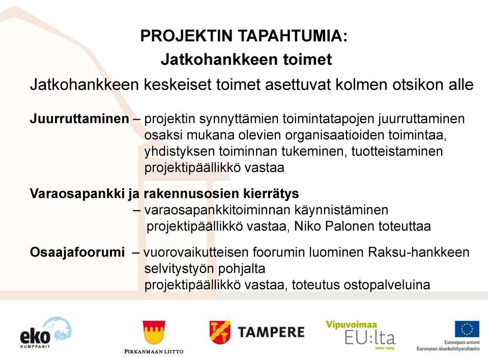 tuotteistaminen projektipäällikkö vastaa Varaosapankki ja rakennusosien kierrätys varaosapankkitoiminnan käynnistäminen projektipäällikkö