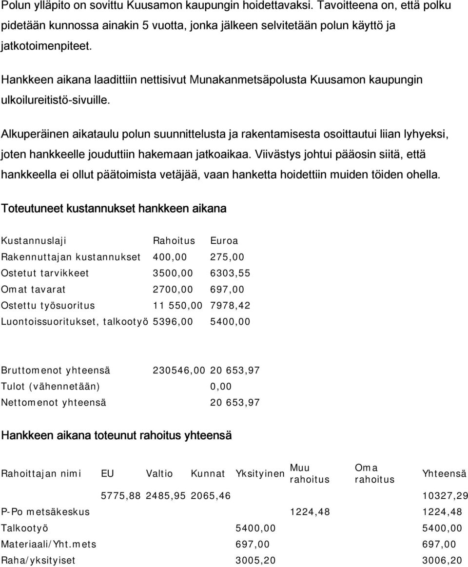 Alkuperäinen aikataulu polun suunnittelusta ja rakentamisesta osoittautui liian lyhyeksi, joten hankkeelle jouduttiin hakemaan jatkoaikaa.