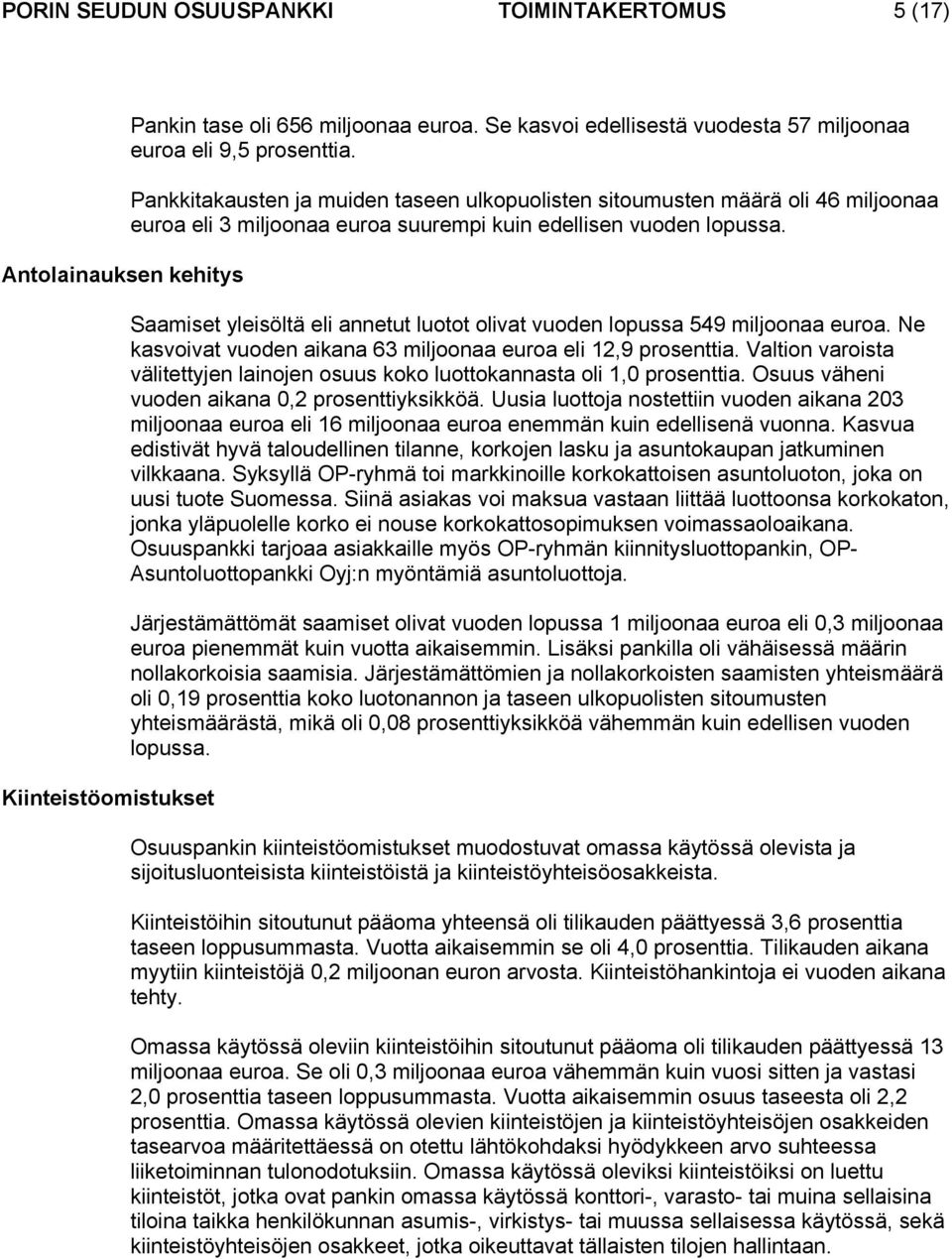 Saamiset yleisöltä eli annetut luotot olivat vuoden lopussa 549 miljoonaa euroa. Ne kasvoivat vuoden aikana 63 miljoonaa euroa eli 12,9 prosenttia.