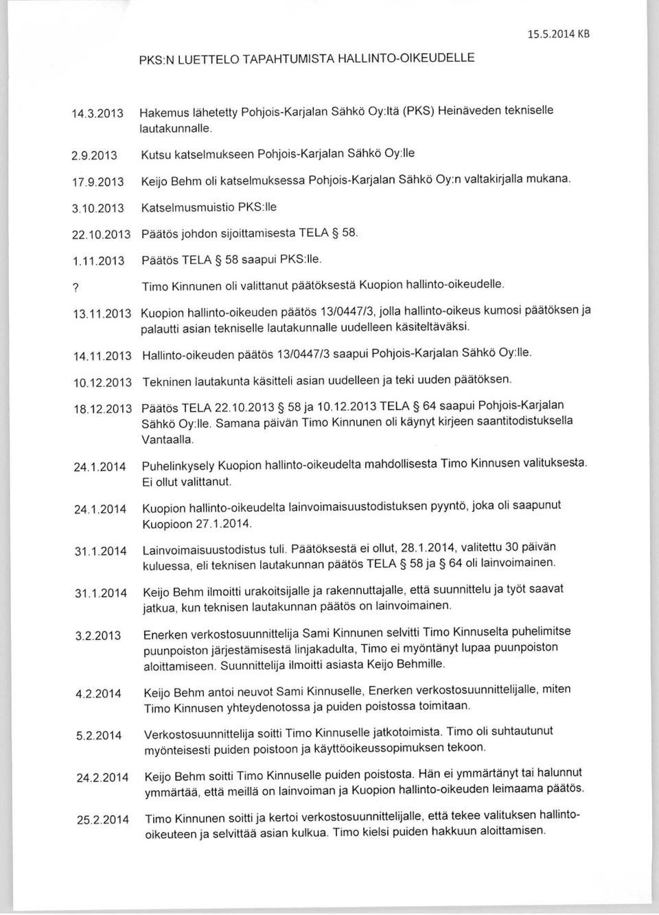 1.11.2013 Päätös TELA 58 saapui PKS:lle.? Timo Kinnunen oli valittanut päätöksestä Kuopion hallinto -oikeudelle. 13.11.2013 Kuopion hallinto-oikeuden päätös 131044713, jolla hallinto-oikeus kumosi päätöksen ja palautti asian tekniselle lautakunnalle uudelleen käsiteltäväksi.