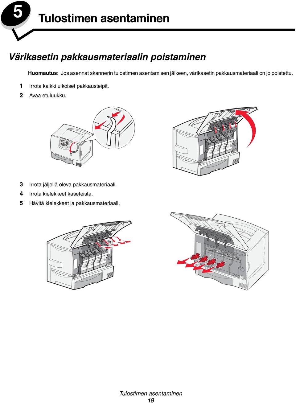 1 Irrota kaikki ulkoiset pakkausteipit. 2 Avaa etuluukku.