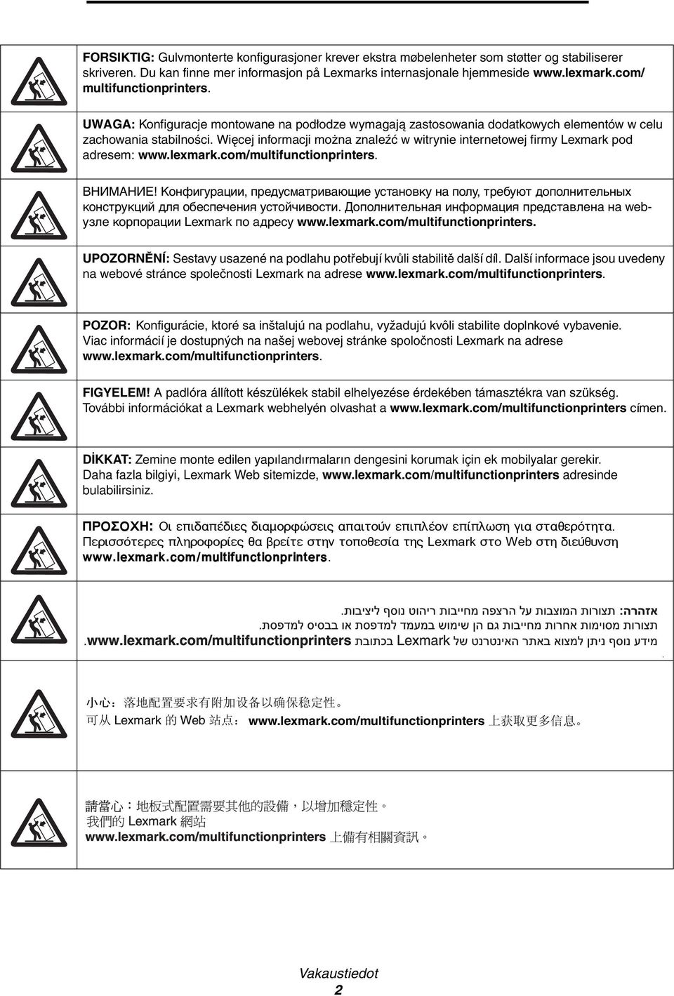 Więcej informacji można znaleźć w witrynie internetowej firmy Lexmark pod adresem: www.lexmark.com/multifunctionprinters. ВНИМАНИЕ!