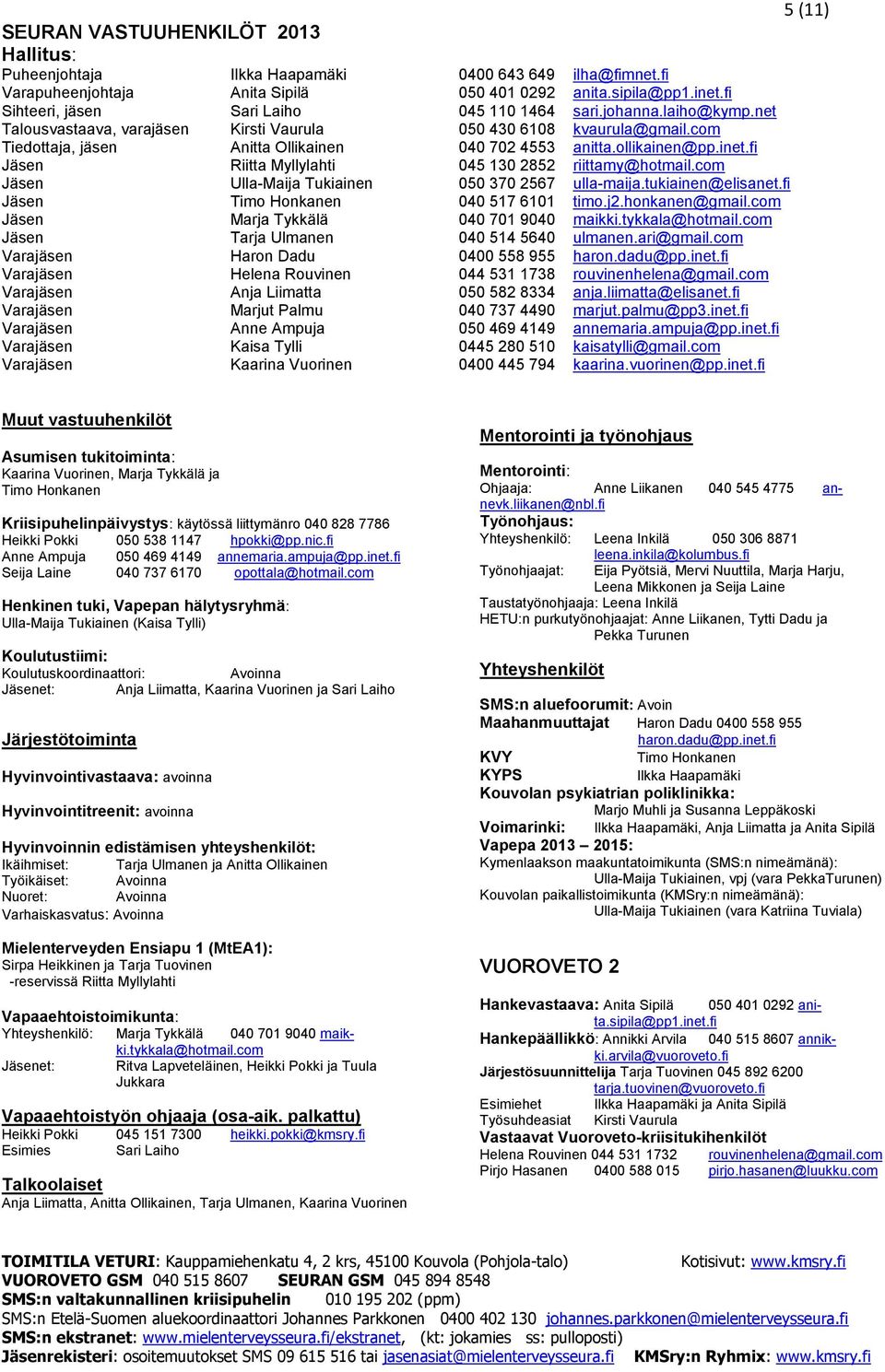 ollikainen@pp.inet.fi Jäsen Riitta Myllylahti 045 130 2852 riittamy@hotmail.com Jäsen Ulla-Maija Tukiainen 050 370 2567 ulla-maija.tukiainen@elisanet.fi Jäsen Timo Honkanen 040 517 6101 timo.j2.