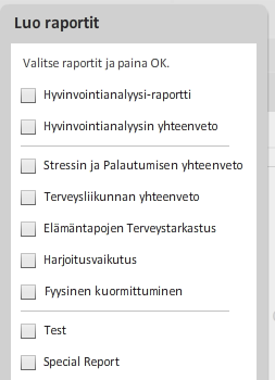 34 Valitse raportissa käytettävät mittayksiköt. Mikäli henkilön nimeä ei tietosuojasyistä haluta näkyvän raporteissa, valitse Tulosta henkilön tunniste nimen sijaan.