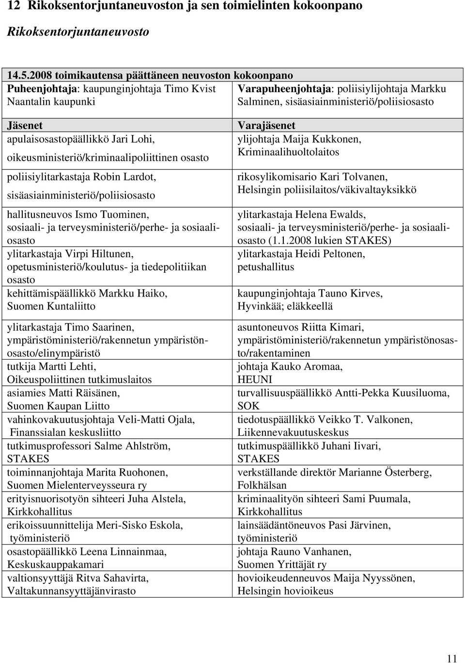 sisäasiainministeriö/poliisiosasto Jäsenet apulaisosastopäällikkö Jari Lohi, oikeusministeriö/kriminaalipoliittinen osasto poliisiylitarkastaja Robin Lardot, sisäasiainministeriö/poliisiosasto