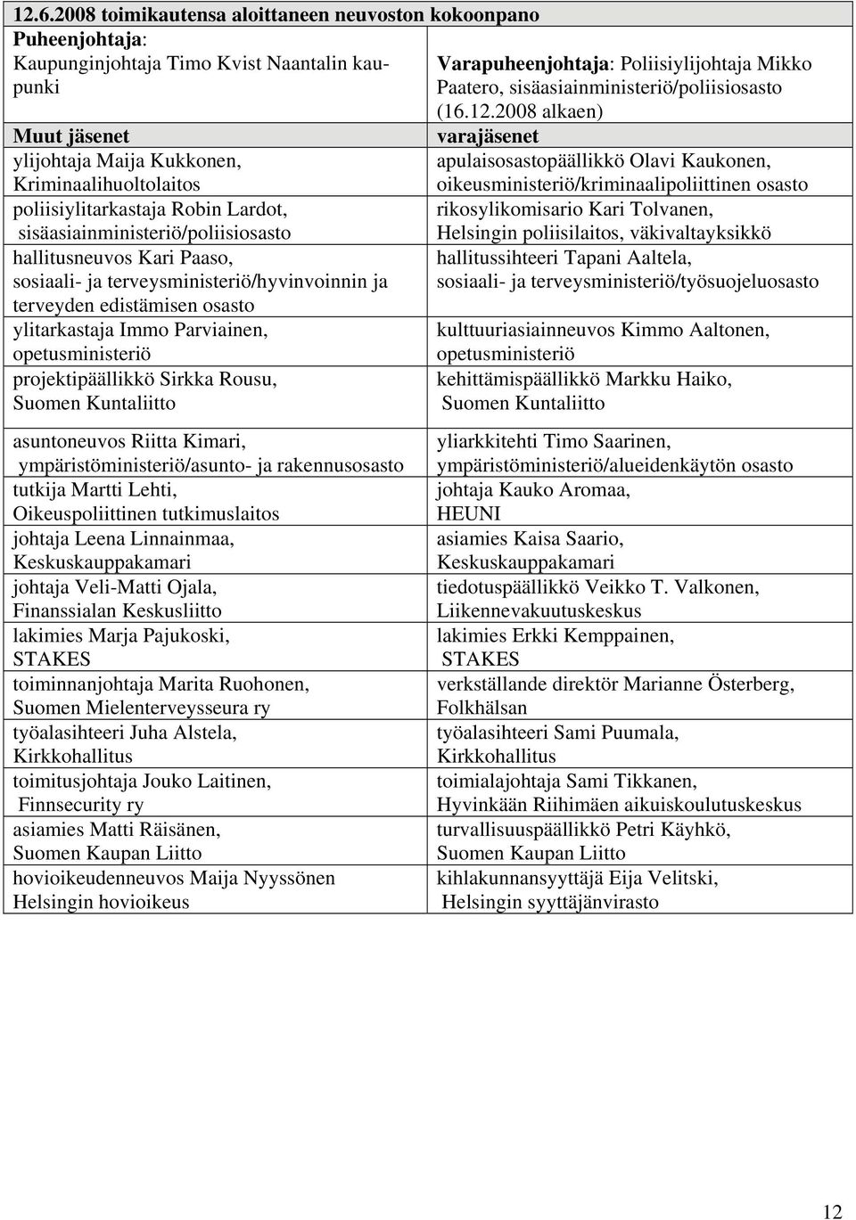 2008 alkaen) Muut jäsenet varajäsenet ylijohtaja Maija Kukkonen, apulaisosastopäällikkö Olavi Kaukonen, Kriminaalihuoltolaitos oikeusministeriö/kriminaalipoliittinen osasto poliisiylitarkastaja Robin