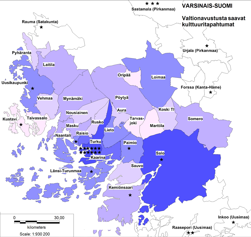 20.4 Valtionavustusta saavien valtakunnallisten kulttuuritapahtumien sijainti Valtionavustusta saavia kulttuuritapahtumia järjestetään Varsinais-Suomessa asukasluvultaan monen kokoisissa kunnissa