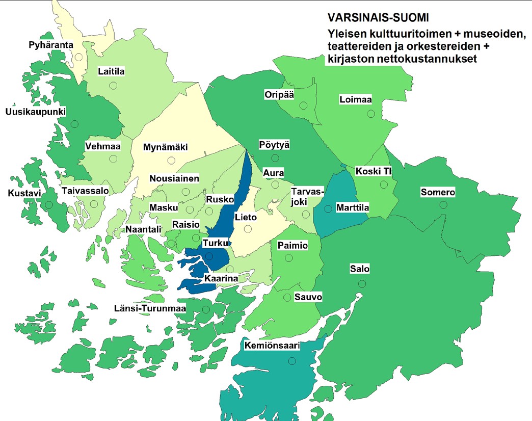 Kartat 20.14 20.17. Asukaskohtaiset nettokustannukset Varsinais-Suomessa: 20.14) yleinen kulttuuritoimi, 20.