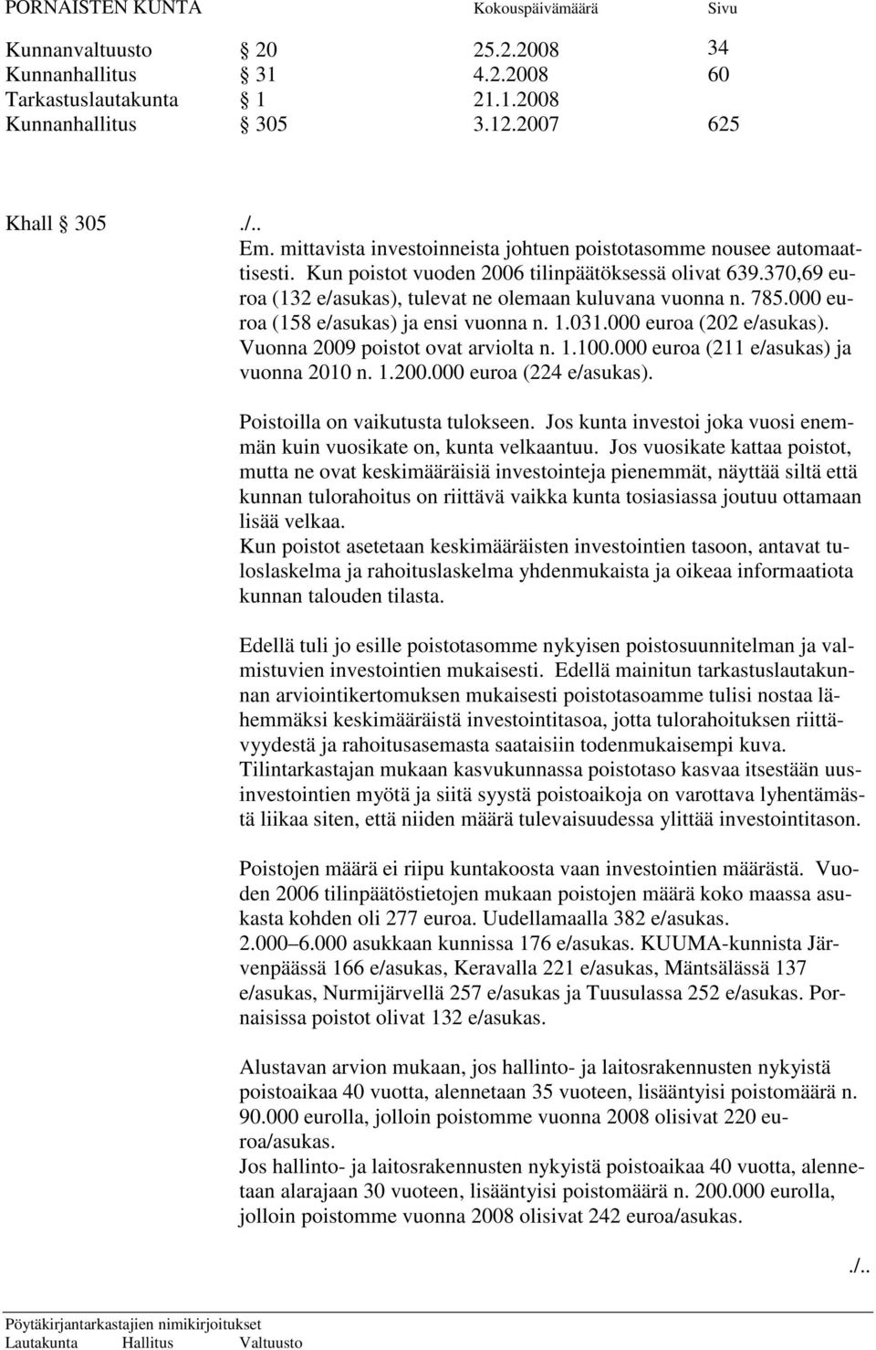 000 euroa (158 e/asukas) ja ensi vuonna n. 1.031.000 euroa (202 e/asukas). Vuonna 2009 poistot ovat arviolta n. 1.100.000 euroa (211 e/asukas) ja vuonna 2010 n. 1.200.000 euroa (224 e/asukas).