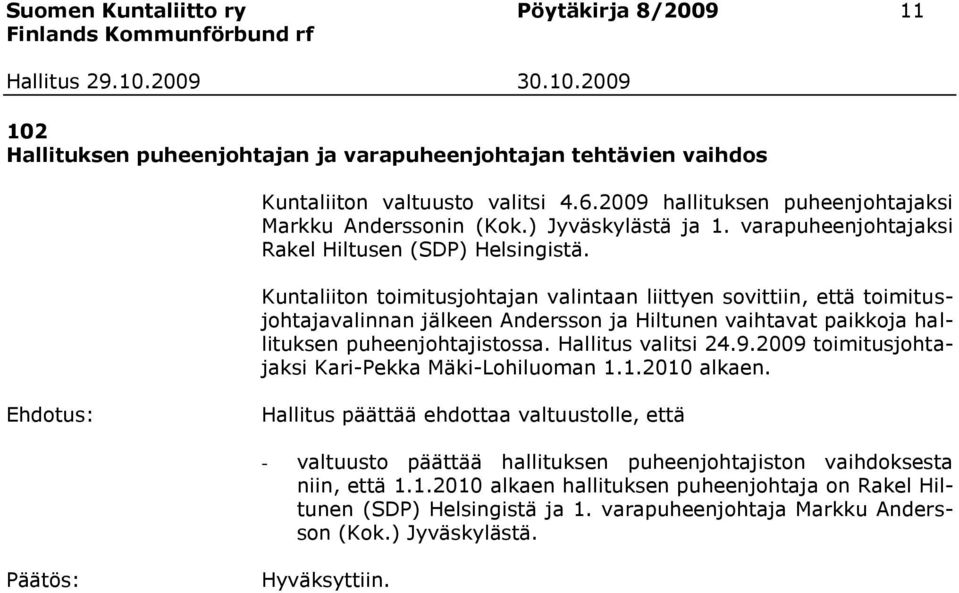 Kuntaliiton toimitusjohtajan valintaan liittyen sovittiin, että toimitusjohtajavalinnan jälkeen Andersson ja Hiltunen vaihtavat paikkoja hallituksen puheenjohtajistossa. Hallitus valitsi 24.9.