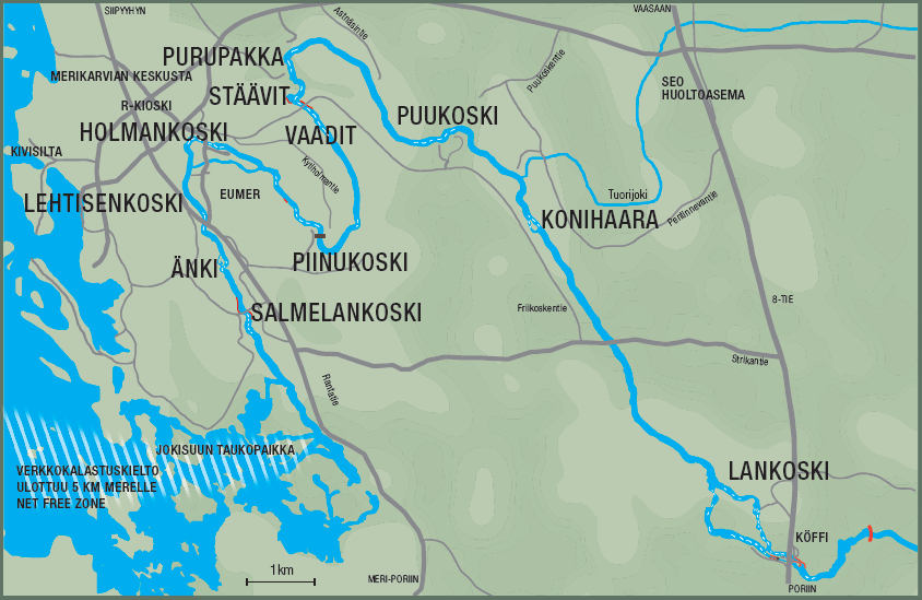 säännöstelypadolla. Merikarvianjoen suhteellisesta lyhyydestä huolimatta noin 6 km joen kokonaispituudesta koostuu erityyppisistä koski- ja virta-alueista (Tuulensuu 2002). Kartta 1.