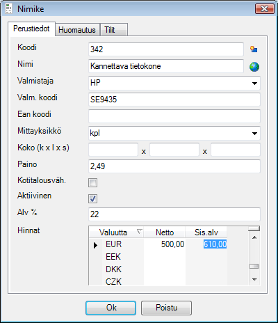 4.2. Nimikkeet Tuoterekisterin ylläpito tapahtuu valitsemalla ohjelmavalikosta Perustiedot / Nimikkeet.