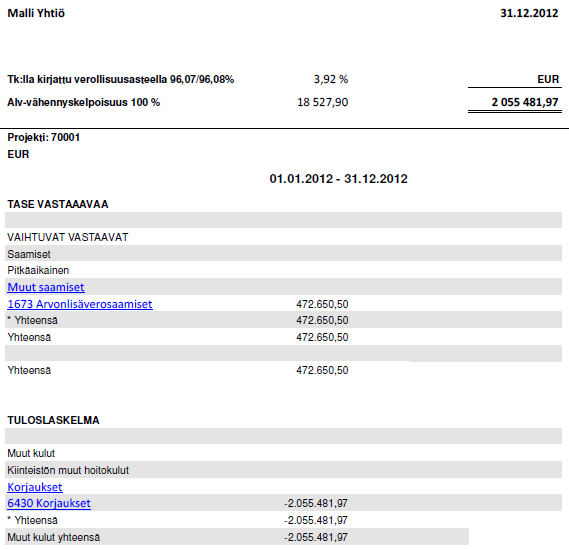 18 Kuva 2. Projektiraportti projektista 70001. Kun projekti aktivoidaan, tehdään samalla edellä projektiraportissa laskettu arvonlisäverovähennys.