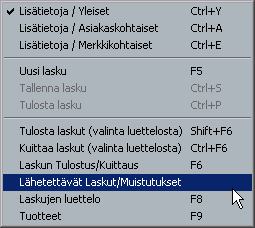 Laskun tekeminen ja muokkaus Pikapainikkeet Uusi lasku (F5) Laskun tallennus (CTRL+S) Laskun tulostus (CTRL+P) Laskujen tulostus (SHIFT + F6) useita laskuja luettelosta valitsemalla Maksujen