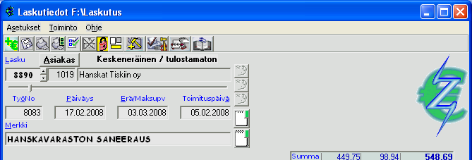 Laskun tekeminen ja muokkaus... Painikkeet - Asiakkaalle tallennettu liitetiedosto (*1) - Laskulle talletettu liitetiedosto (*1) - Merkille (työlle) talletettu liitetiedosto (*1) (Oletuksina: *.tif;*.